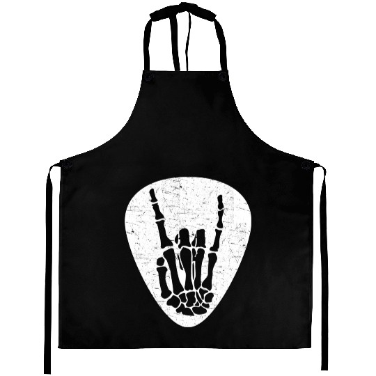 Cool Rock And Roll Skeleton Hand On A Guitar Pick Aprons