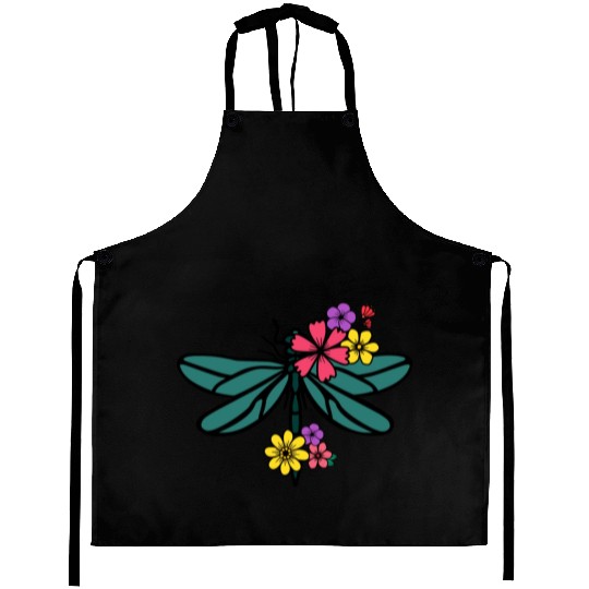 dragonfly with colorful flowers Aprons