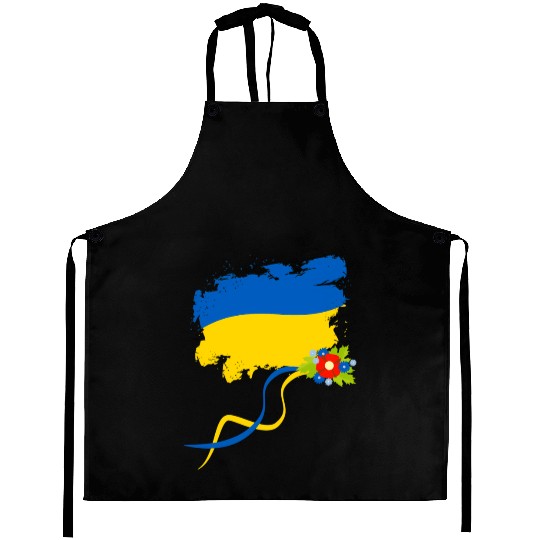 Ukraine Flag With Folk Flowers Ukrainian Pride Aprons