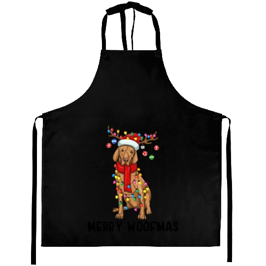 Vizsla Dog Lights Merry Woofmas Aprons