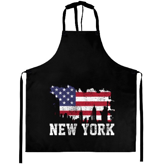 New York City Nyc Skyline Usa Flag America Aprons
