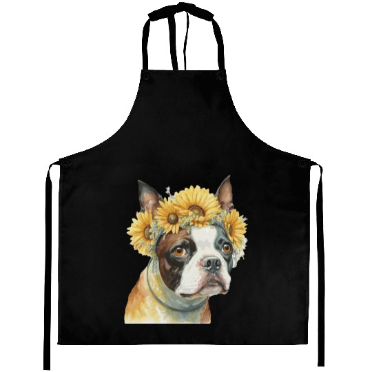 Cute Boston Terrier Sunflower Dog Breed Pet Puppy Aprons