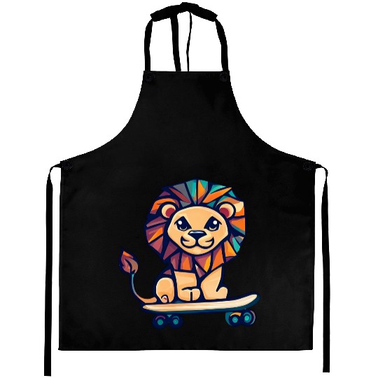 Cubist lion on skateboard Aprons