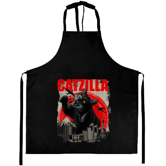 Catzilla Vintage Funny Cute Cat Art Japanese Sunse Aprons