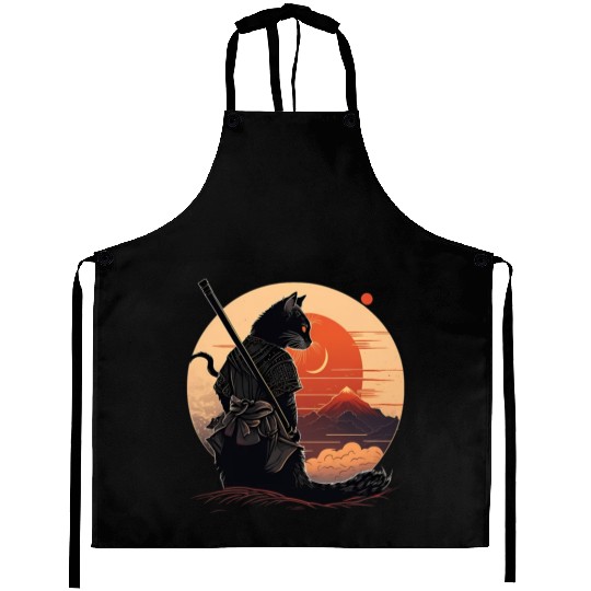 Vintage Japanese Sunset Style And Samurai Cat Kitt Aprons