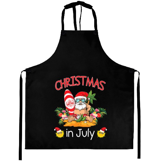 Christmas In July Funny Santa Surfing Summer Aprons