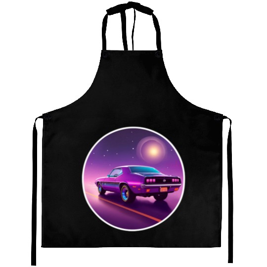 Nostalgic Retro 80s Purple Vaporwave Muscle Car Aprons