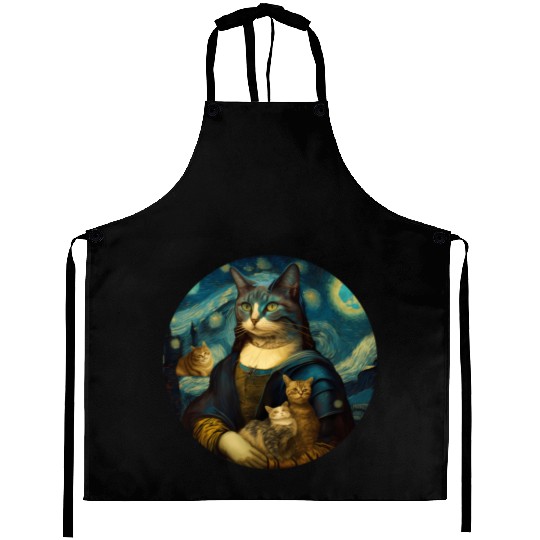 Mona Lisa With Cats Starry Night Van Gogh Painting Aprons