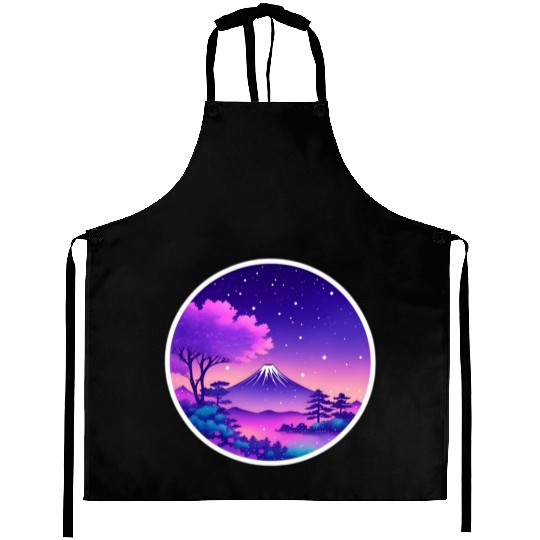 Japan Mount Fuji Night Sky Lo-Fi Art Retro Purple Aprons