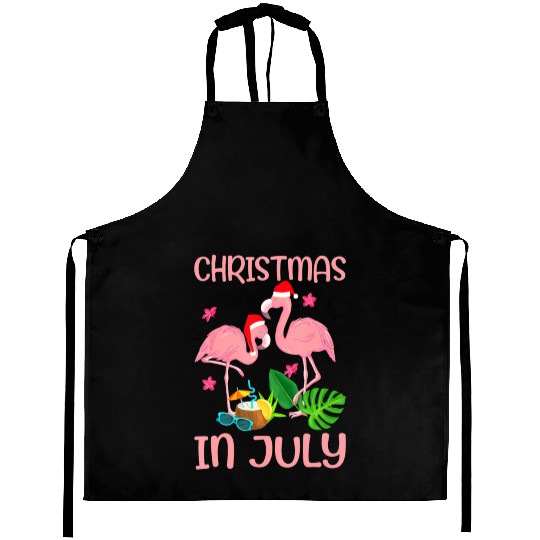 Christmas In July Pink Flamingo Wearing Santa Hat Aprons