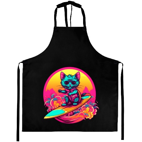Cool Retro Surfing Cat Aprons
