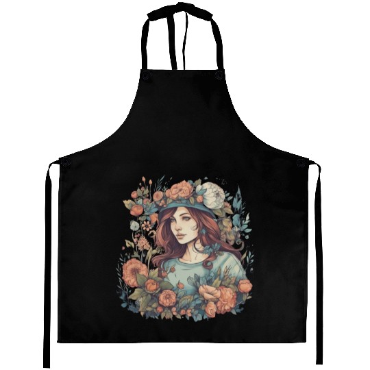 Summer girl Boho flowers vintage woman in nature Aprons