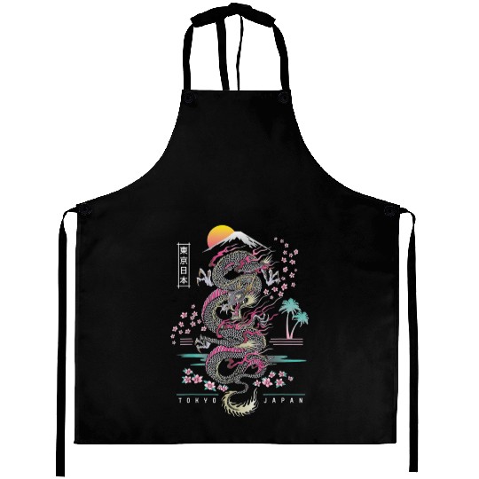 Japanese Dragon Asian Neon retro 80s style Aprons