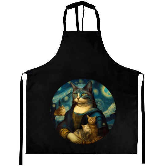 Mona Lisa With Cats Starry Night Van Gogh Painting Aprons