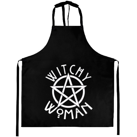 WITCHY WOMAN WITH STAR AND CIRCLE green Aprons