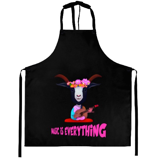 Hippie Goat with flowers on head, playing guitar Aprons