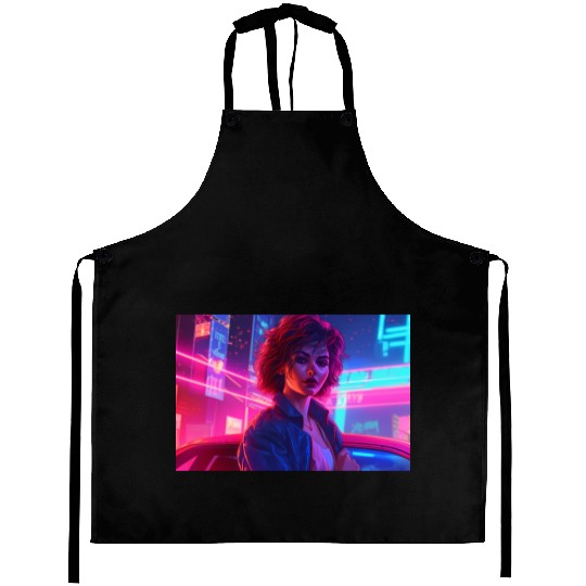 Synthwave Girl - Anime Portrait in Neon Colors Aprons