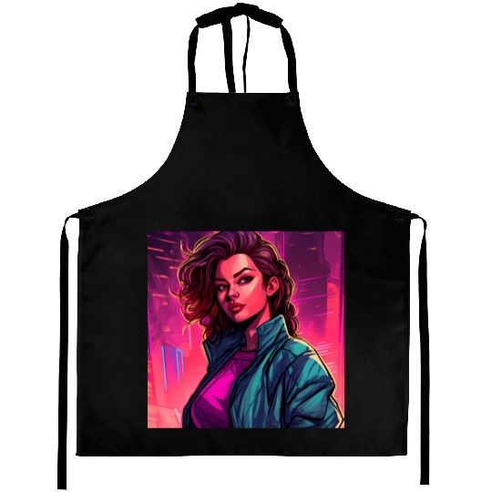Synthwave City Bloom - Neon Pink Cityscape Aprons