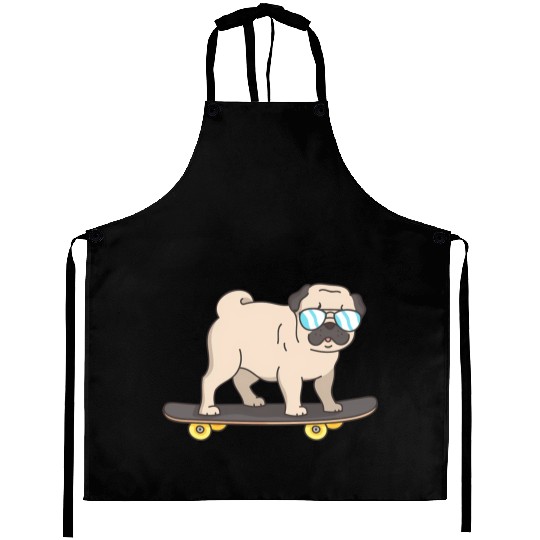Cartoon Pug With Glasses On A Skateboard Aprons