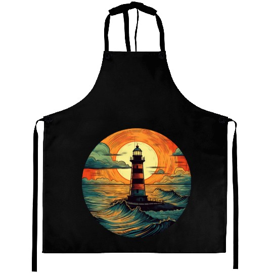 Lighthouse at Sunset, Romantic Nature Design Aprons