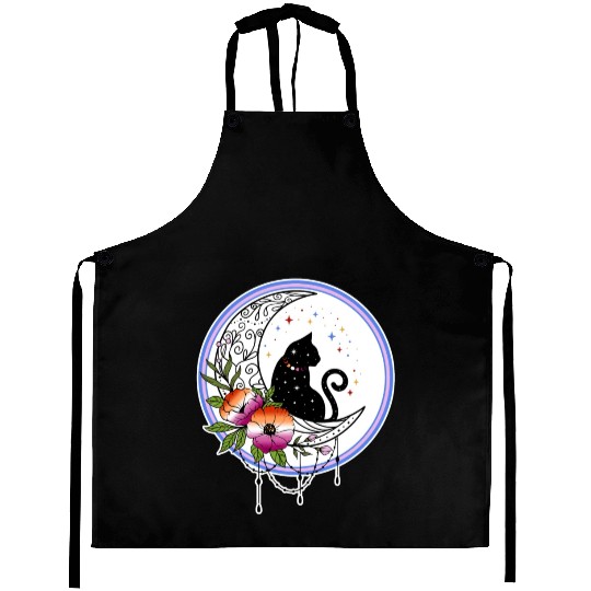 Galaxy Cat and Flowers in Lesbian Flag Colors Aprons