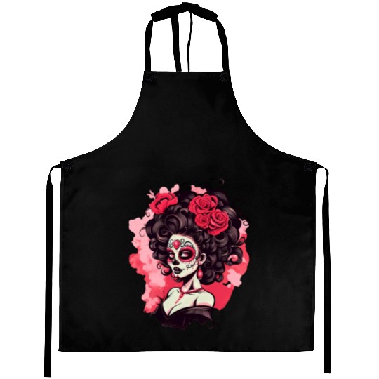 Dia de los muertos woman sugar skull with flowers Aprons