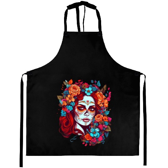 Dia de los muertos woman sugar skull with flowers Aprons