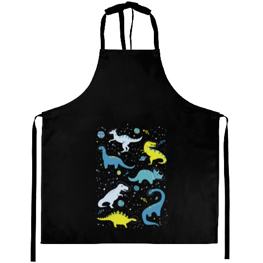 Space Dinosaurs In Bright Green And Blue Aprons