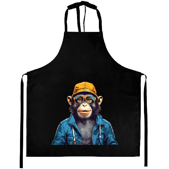 Smiling monkey wearing sunglasses and bucket hat Aprons