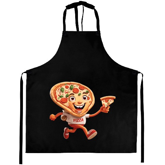 Cartoon Character of Pizza Running Design Aprons
