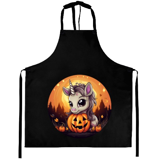 Halloween Unicorn with Pumpkin at Sunset Aprons