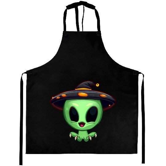 Green Alien Celebrates Halloween Aprons