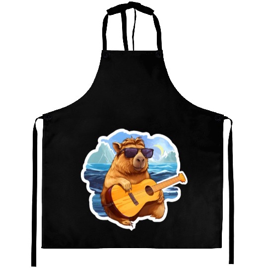Capybara Playing Guitar Aprons
