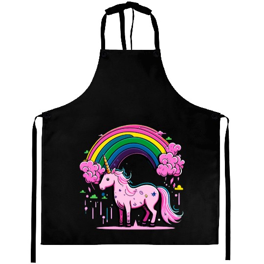 Pink cute unicorn in rainbow Aprons