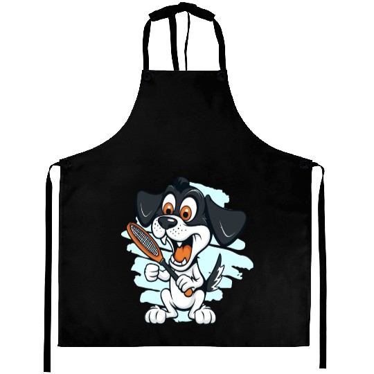 Dog Holding Tennis Racket Funny Sports Lover Aprons