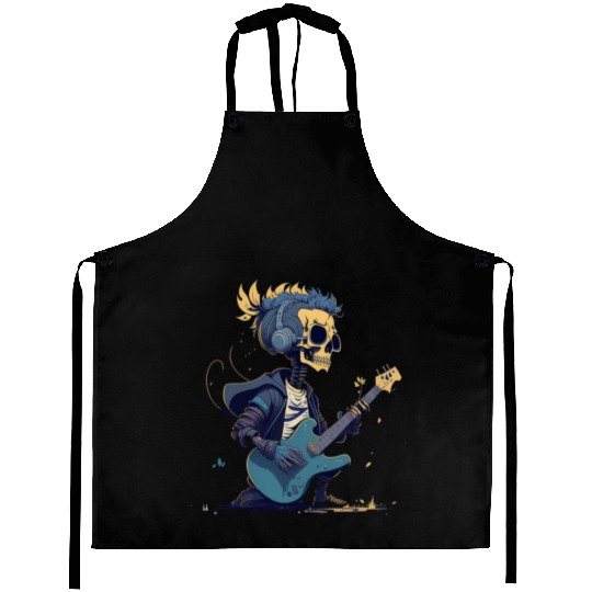 Cool Skeleton Playing The Guitar Character Funny Aprons