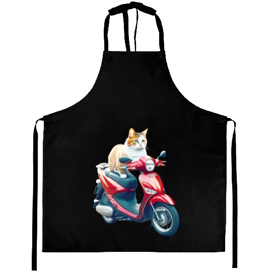 3D cute funny ginger cat rides a red motorcycle Aprons