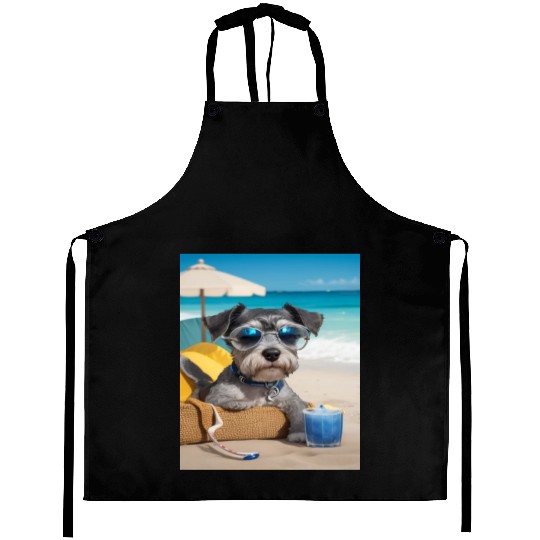 Schnauzer Chilling at the Beach with a Drink Aprons