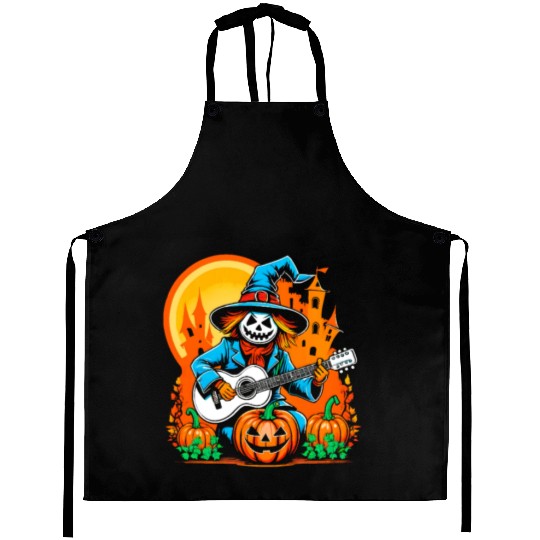 Happy Halloween scarecrow plays guitar Aprons