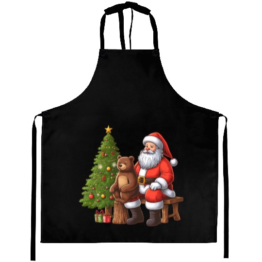 Santa Claus and Bear - Festive Tranquility Aprons