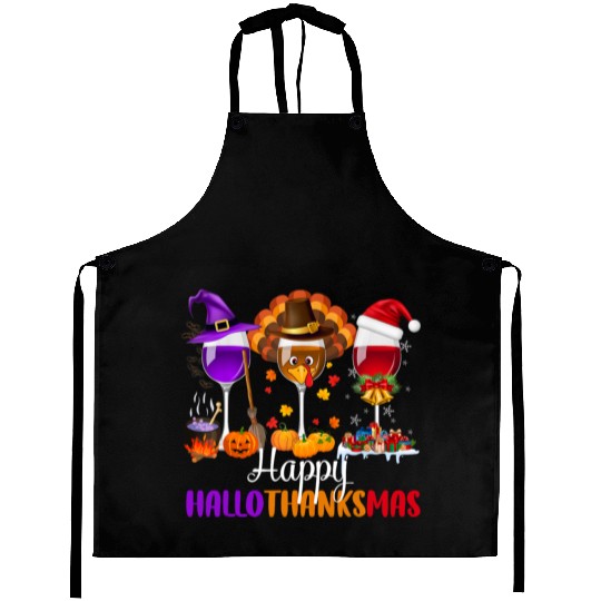 Happy Hallothanksmas Wine Glasses Drinking Lover Aprons