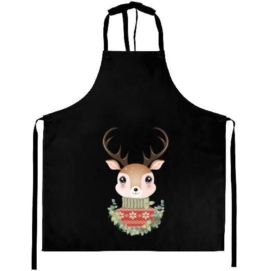 cute deer with sweater and Christmas wreath Aprons