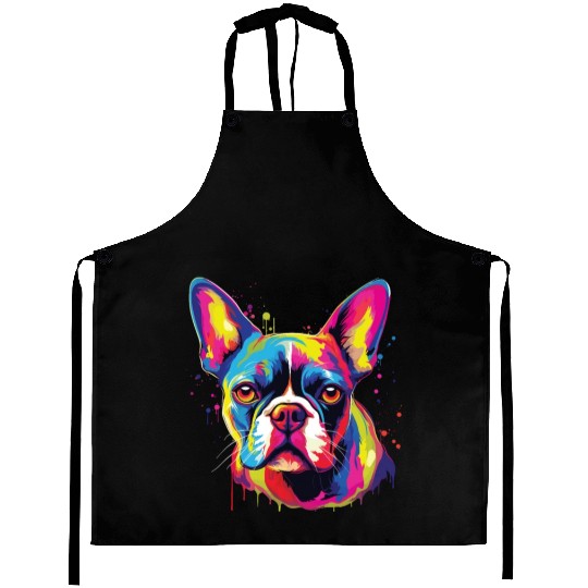 Watercolor Colorful Boston Terrier Aprons