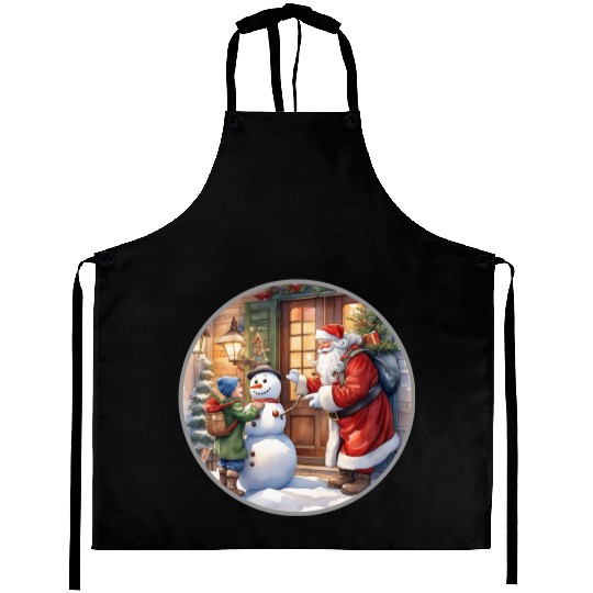 Santa Claus and a snowman distributes gifts. Aprons