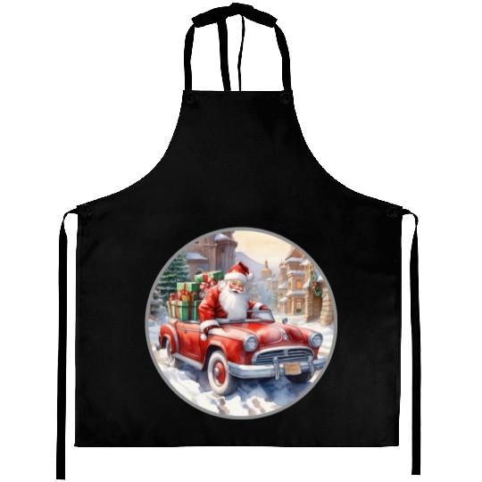 Santa Claus rides in a convertible car Aprons