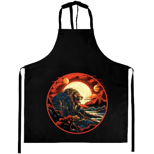 Red Japanese Style Mountain Lion Art Aprons