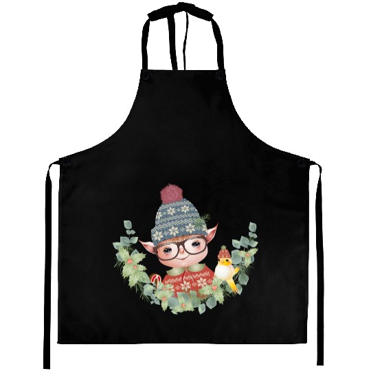 magical sweet Christmas elf with bird Aprons