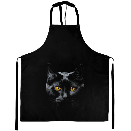 Black Cat Face Yellow Eyes Cat Halloween Costume B Aprons