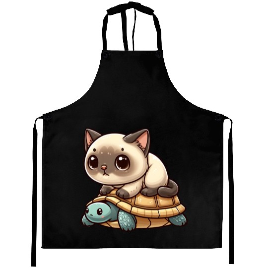 Siamese cat rides turtle Aprons