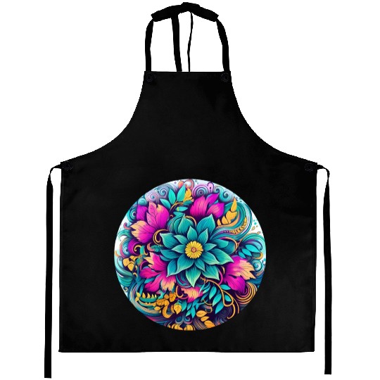 Botanical Neon Floral Circle Design Aprons